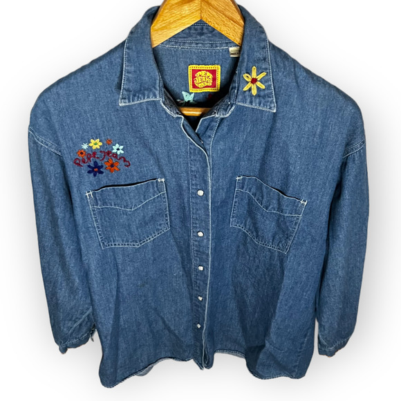 Vintage 90's Pepe Jeans London Women's Embroidered Floral Denim Shirt Size Small - Picture 12 of 12